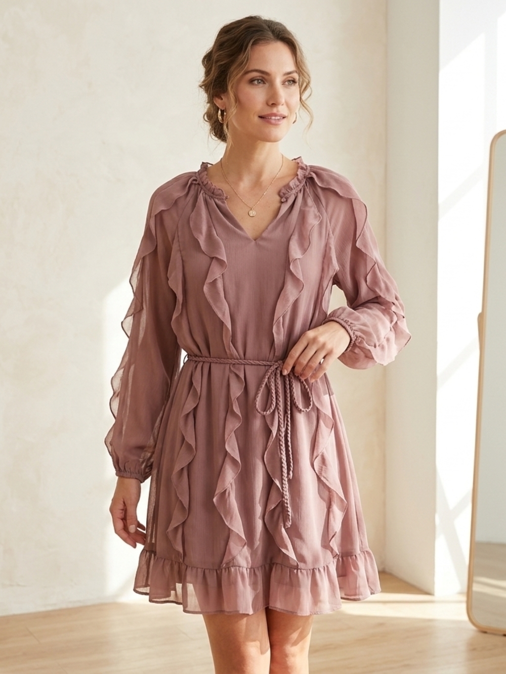 Time and Tru Mauve Ruffle V-Neck Long Sleeve Dress